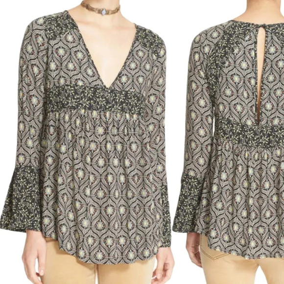 FREE PEOPLE Rolling Hills Bell Sleeve Floral Boho Tunic Festival Blouse - Picture 1 of 11